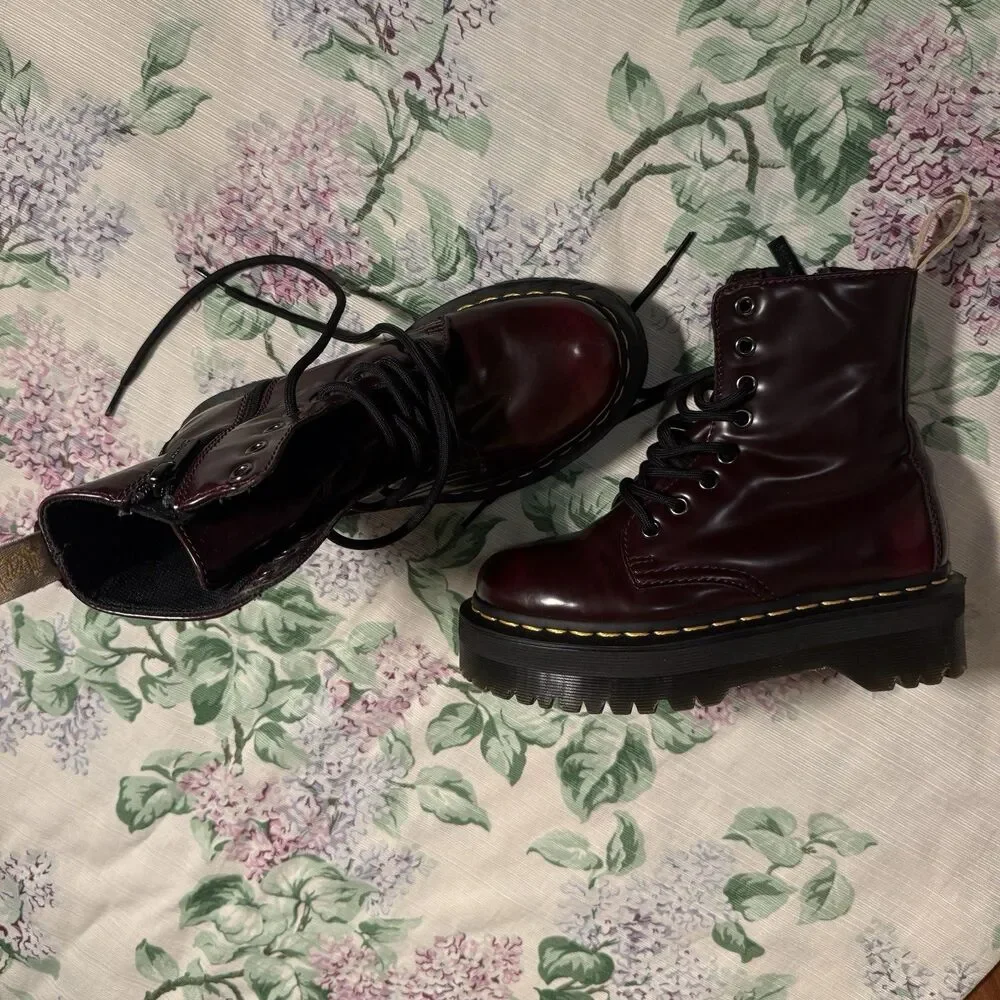 Dr. Martens Burgundy Leather Combat Ankle Boots Lace-Up Side Zip Round Toe
